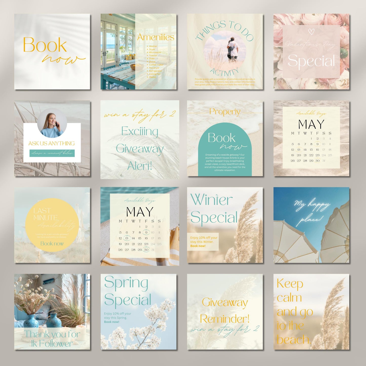 Grid of Instagram post templates for Airbnb hosts.