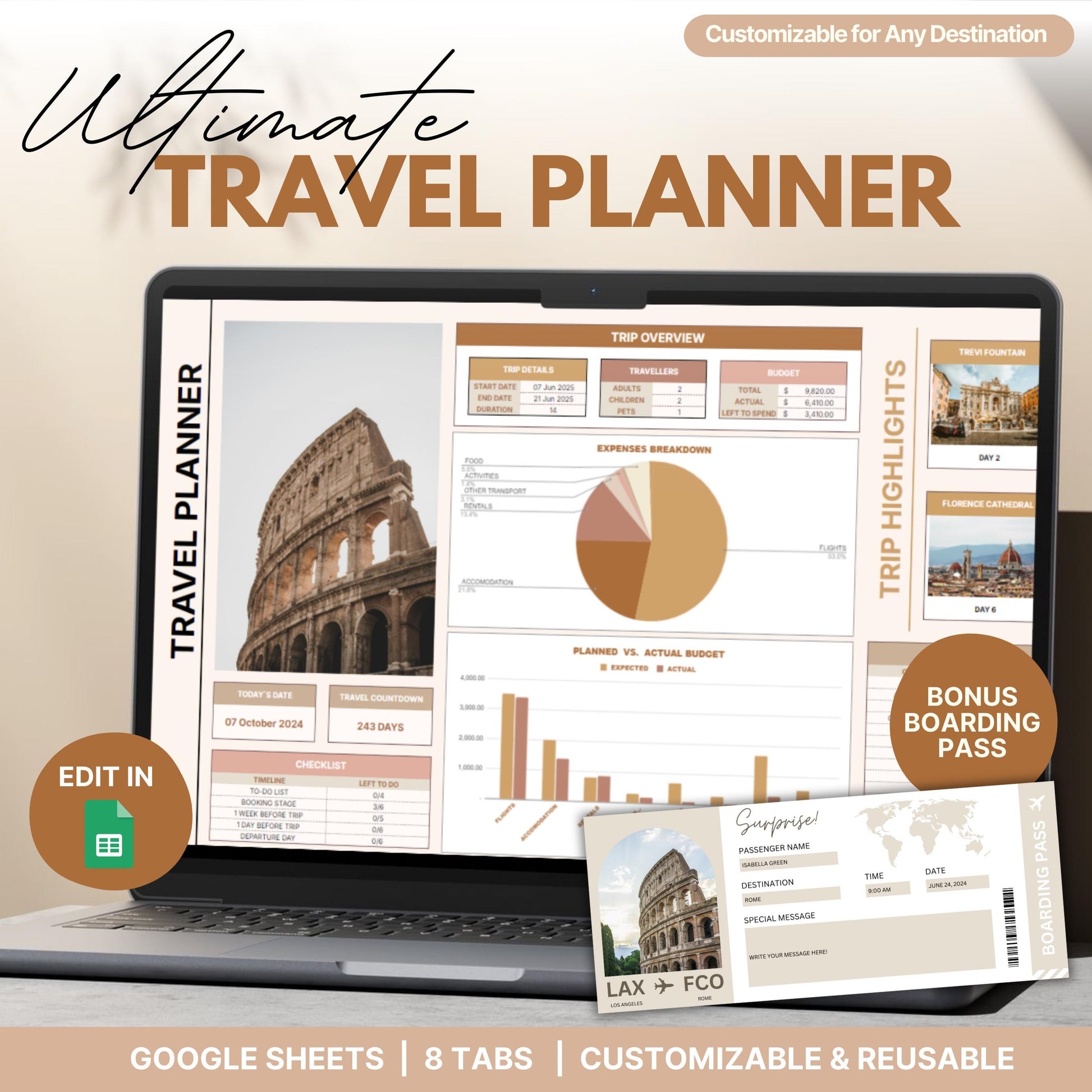 Digital travel planner displayed on a laptop screen featuring itinerary details, budget breakdown, and trip highlights with a photo of the Colosseum. Includes icons for Google Sheets editing, a customizable boarding pass, and highlights like Trevi Fountain and Florence Cathedral.