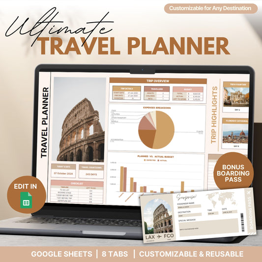 Digital travel planner displayed on a laptop screen featuring itinerary details, budget breakdown, and trip highlights with a photo of the Colosseum. Includes icons for Google Sheets editing, a customizable boarding pass, and highlights like Trevi Fountain and Florence Cathedral.