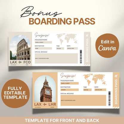 Editable Canva bonus boarding pass templates showing front and back designs with travel details for flights from Los Angeles to Rome and London. Each pass includes a destination image (Colosseum and Big Ben), a world map, and customizable fields for passenger name, date, time, and a personal message.