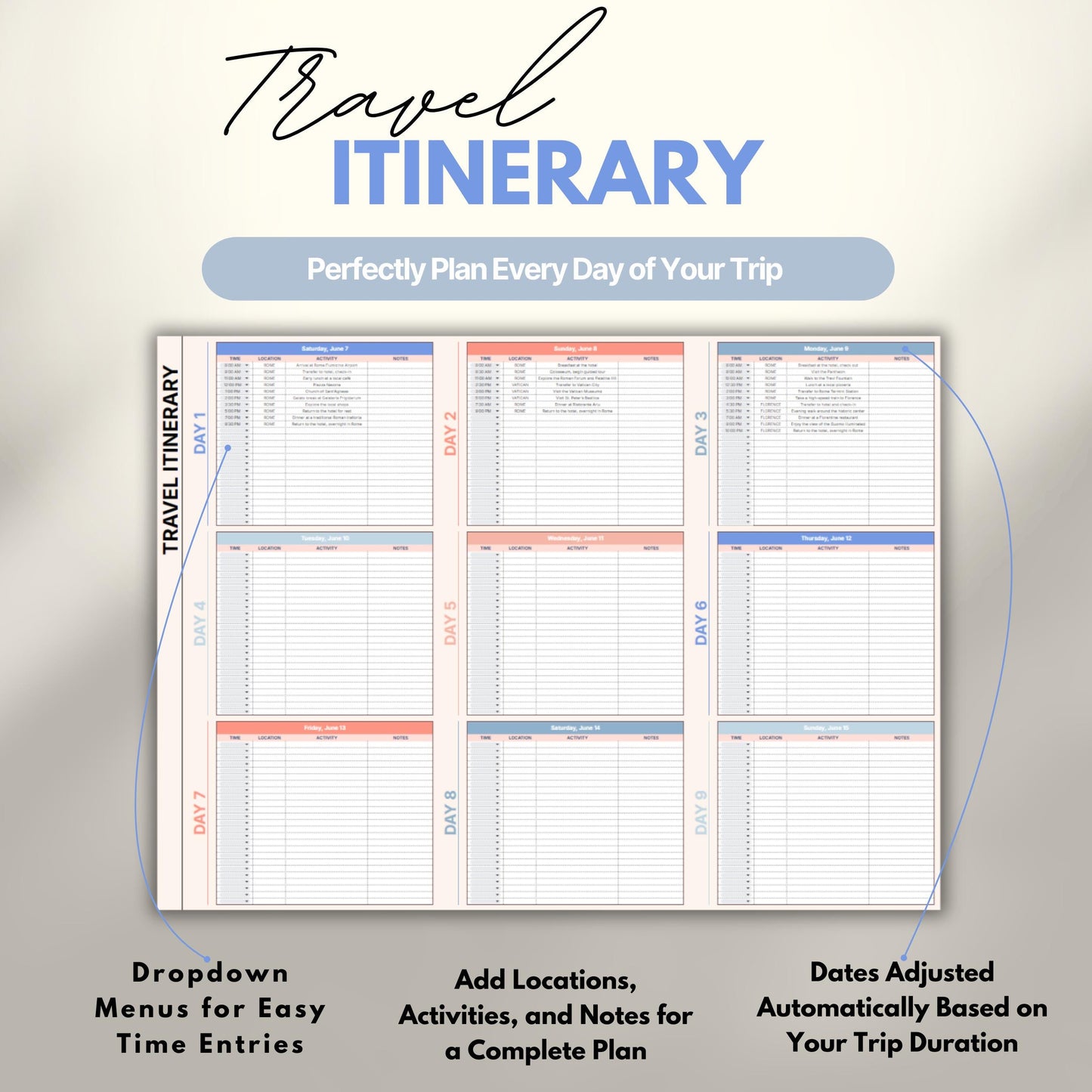 Overview of a digital travel planner showing the daily travel itinerary.