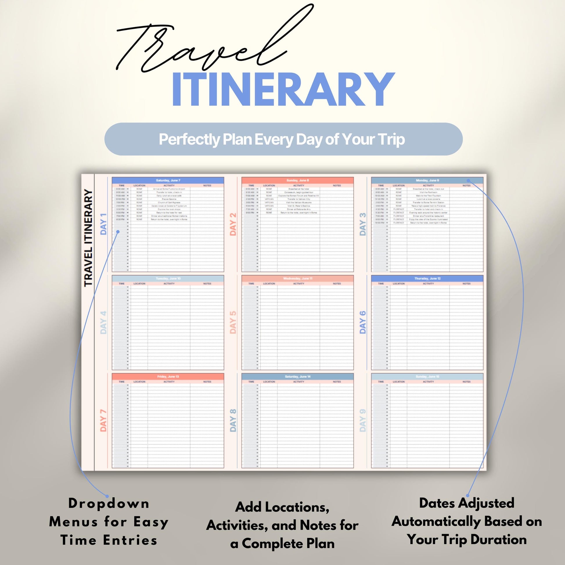 Overview of a digital travel planner showing the daily travel itinerary.