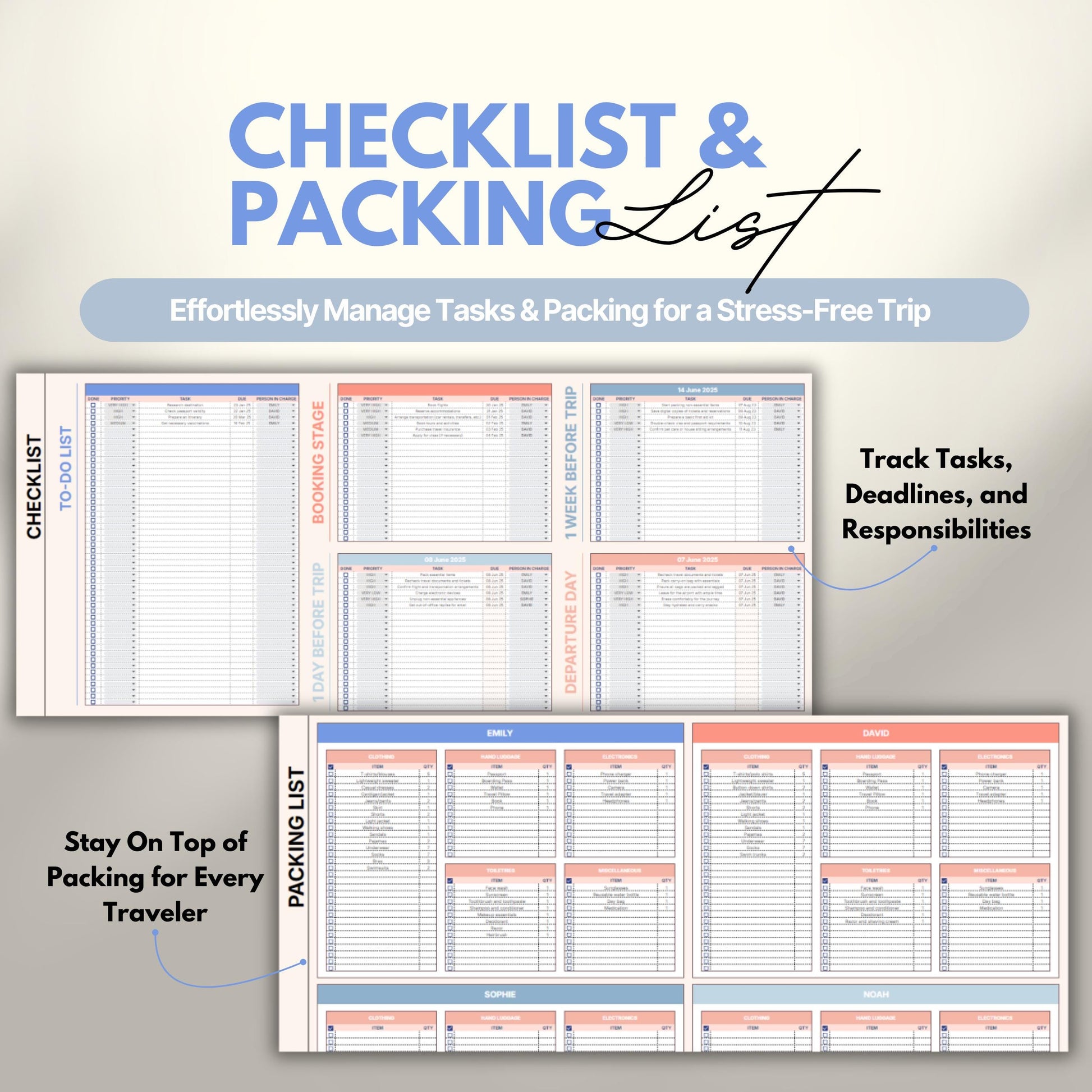 Overview of a digital travel planner showing the checlist and packing list.