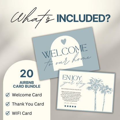 Graphic titled 'What's Included?' showing examples of Airbnb card templates including a welcome card and a thank you card.
