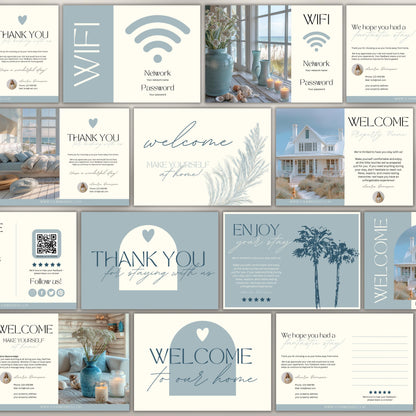Collection of 20 neutral-toned Airbnb cards, including welcome, thank you, and WiFi cards, featuring modern typography, soft illustrations, and customizable layouts for short-term rental hosts.
