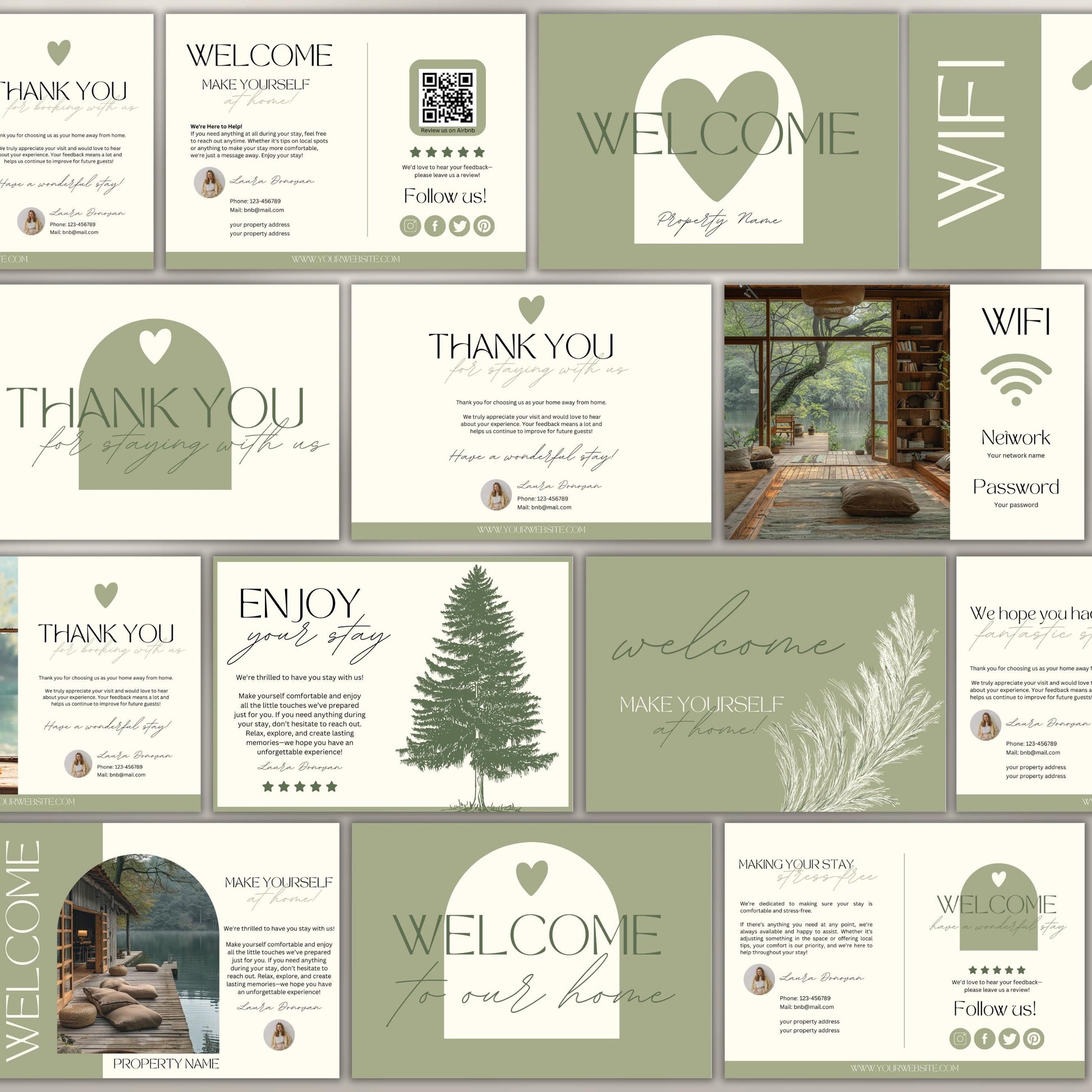 Collection of 20 neutral-toned Airbnb cards, including welcome, thank you, and WiFi cards, featuring modern typography, soft illustrations, and customizable layouts for short-term rental hosts.