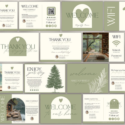 Collection of 20 neutral-toned Airbnb cards, including welcome, thank you, and WiFi cards, featuring modern typography, soft illustrations, and customizable layouts for short-term rental hosts.