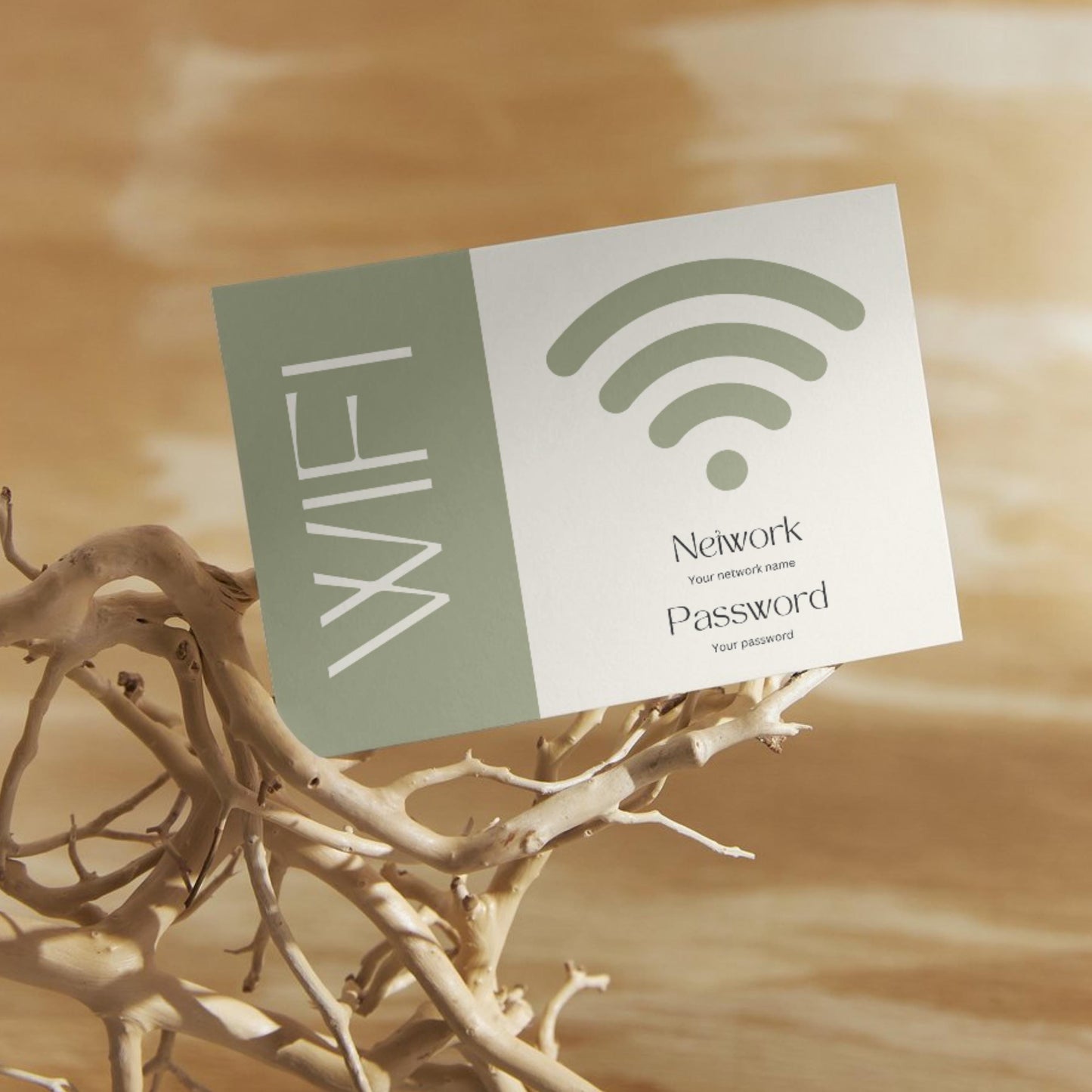 Minimalist WiFi card design, displaying placeholders for network name and password, propped on decorative driftwood against a warm wooden background.