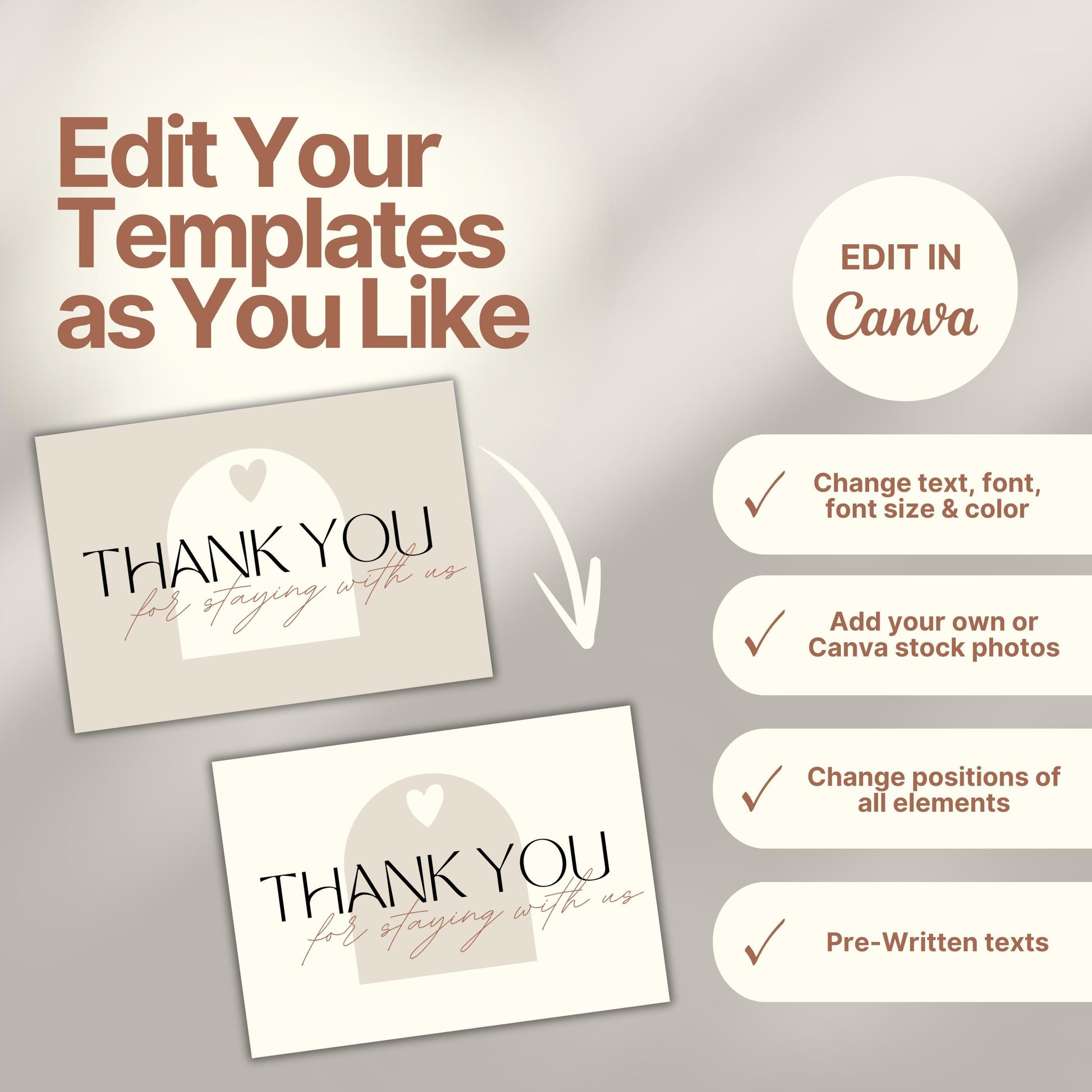 Design customization graphic for Airbnb thank you cards, showing two color variations and a checklist of editable features in Canva: text, font, size, color, photos, element positions, and pre-written texts.