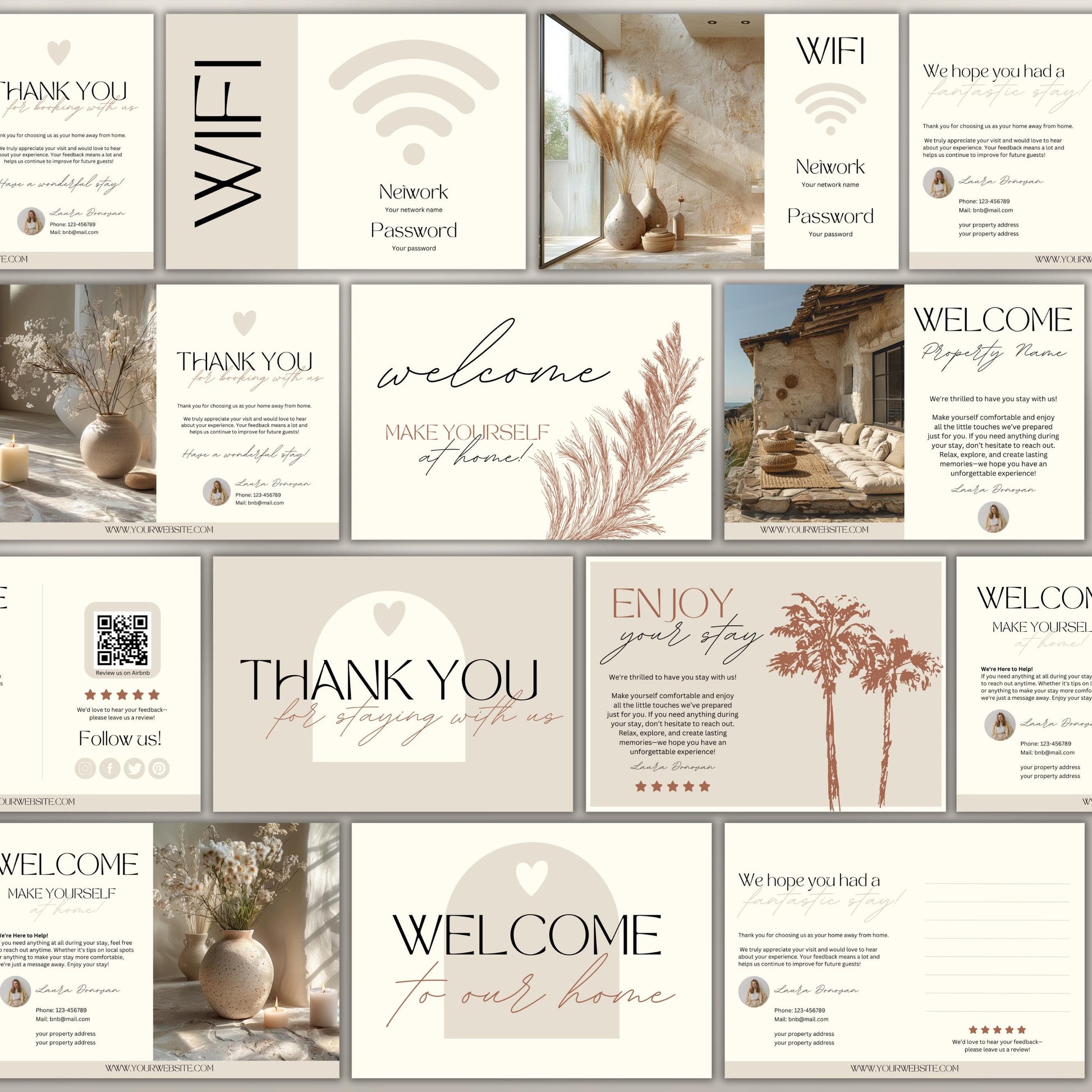 Collection of 20 neutral-toned Airbnb cards, including welcome, thank you, and WiFi cards, featuring modern typography, soft illustrations, and customizable layouts for short-term rental hosts.