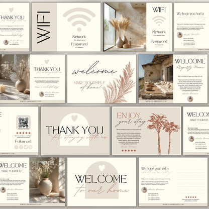 Collection of 20 neutral-toned Airbnb cards, including welcome, thank you, and WiFi cards, featuring modern typography, soft illustrations, and customizable layouts for short-term rental hosts.