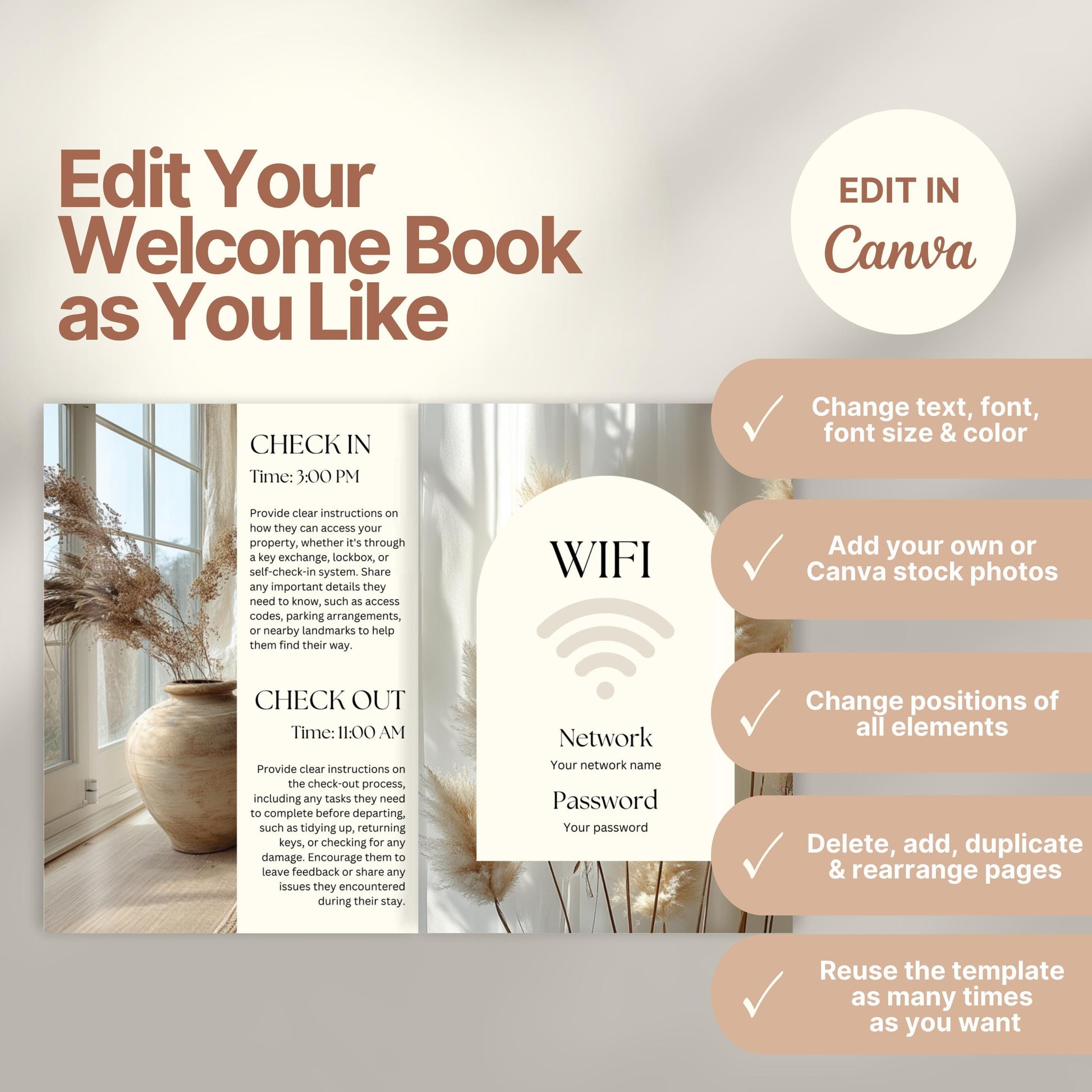 Editable Airbnb host welcome guide template, featuring welcome messages, house description, and host introduction. Includes checklist of customizable elements such as text, photos, layout, and links, all editable in Canva.