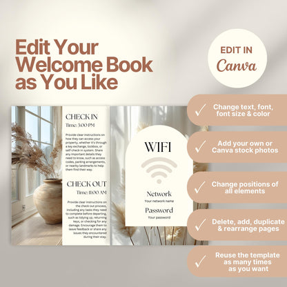 Editable Airbnb host welcome guide template, featuring welcome messages, house description, and host introduction. Includes checklist of customizable elements such as text, photos, layout, and links, all editable in Canva.