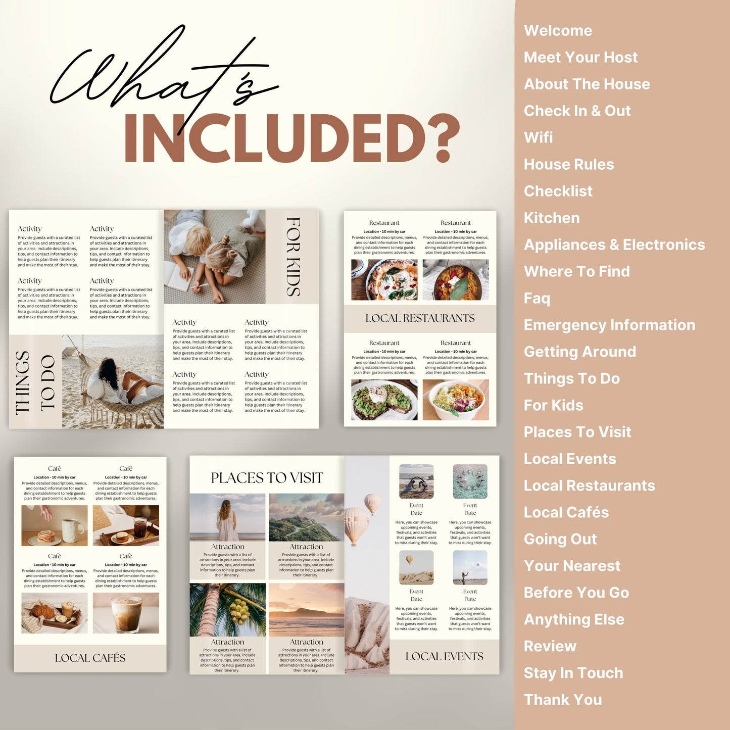 A promotional layout for a Airbnb Welcome Book template. The image displays various page samples including sections like “Review,” “Things To Do." 