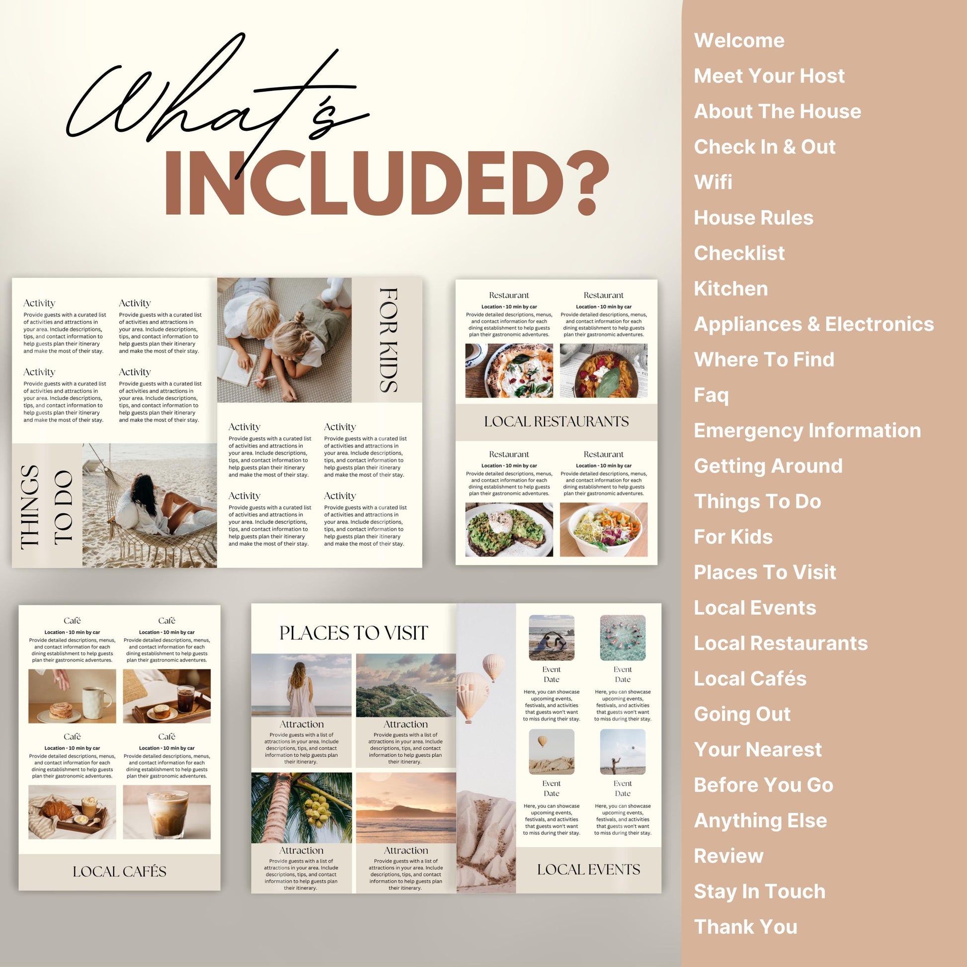 A promotional layout for a Airbnb Welcome Book template. The image displays various page samples including sections like “Review,” “Things To Do." 