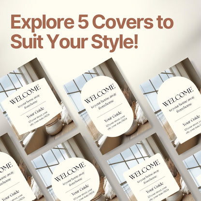Graphic promoting customizable Airbnb Welcome Book covers with the headline “Explore 5 Covers to Suit Your Style!”