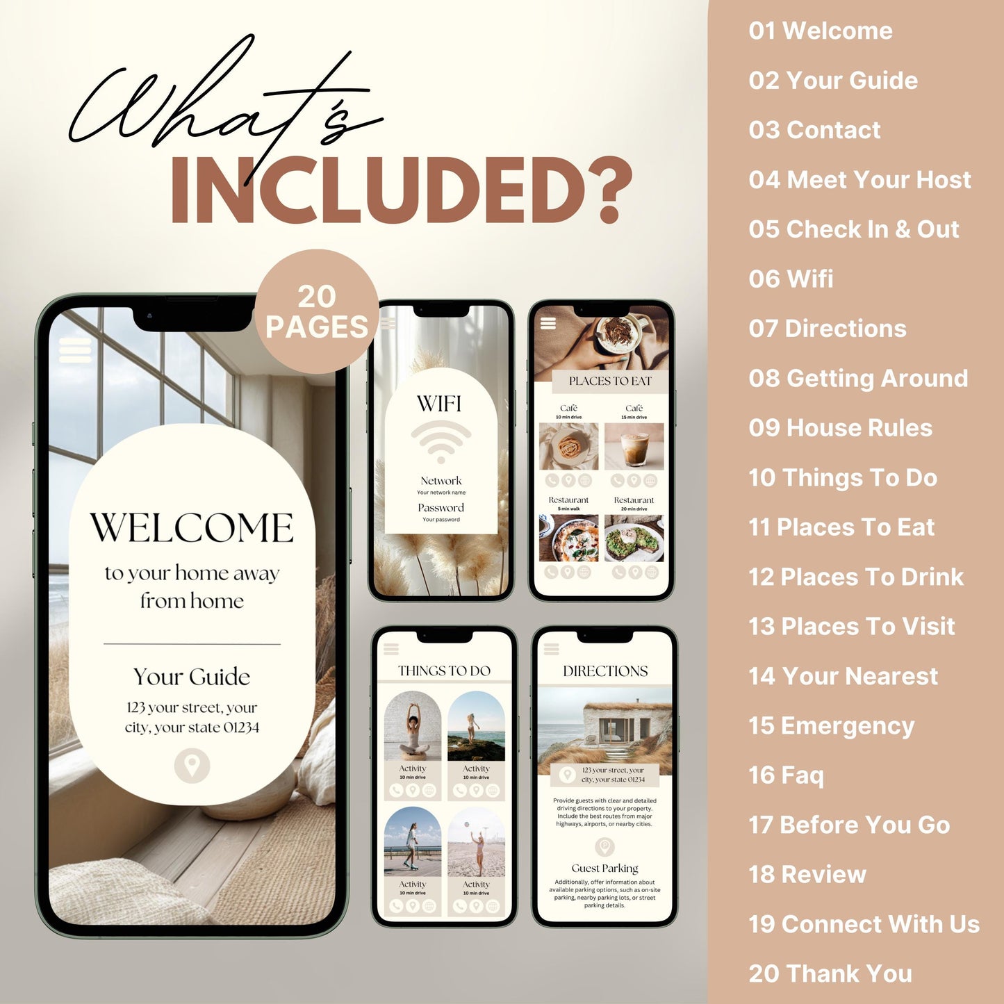 Digital welcome book preview displayed on four smartphone screens, showcasing a mobile-friendly Airbnb or short-term rental guide. The interface features beautifully designed sections such as “Welcome,” “WiFi Info,” “Places to Visit,” and “Where to Eat,” with intuitive icons and “Navigate” buttons.