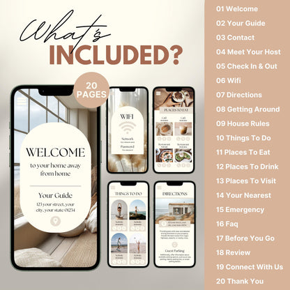 Digital welcome book preview displayed on four smartphone screens, showcasing a mobile-friendly Airbnb or short-term rental guide. The interface features beautifully designed sections such as “Welcome,” “WiFi Info,” “Places to Visit,” and “Where to Eat,” with intuitive icons and “Navigate” buttons.