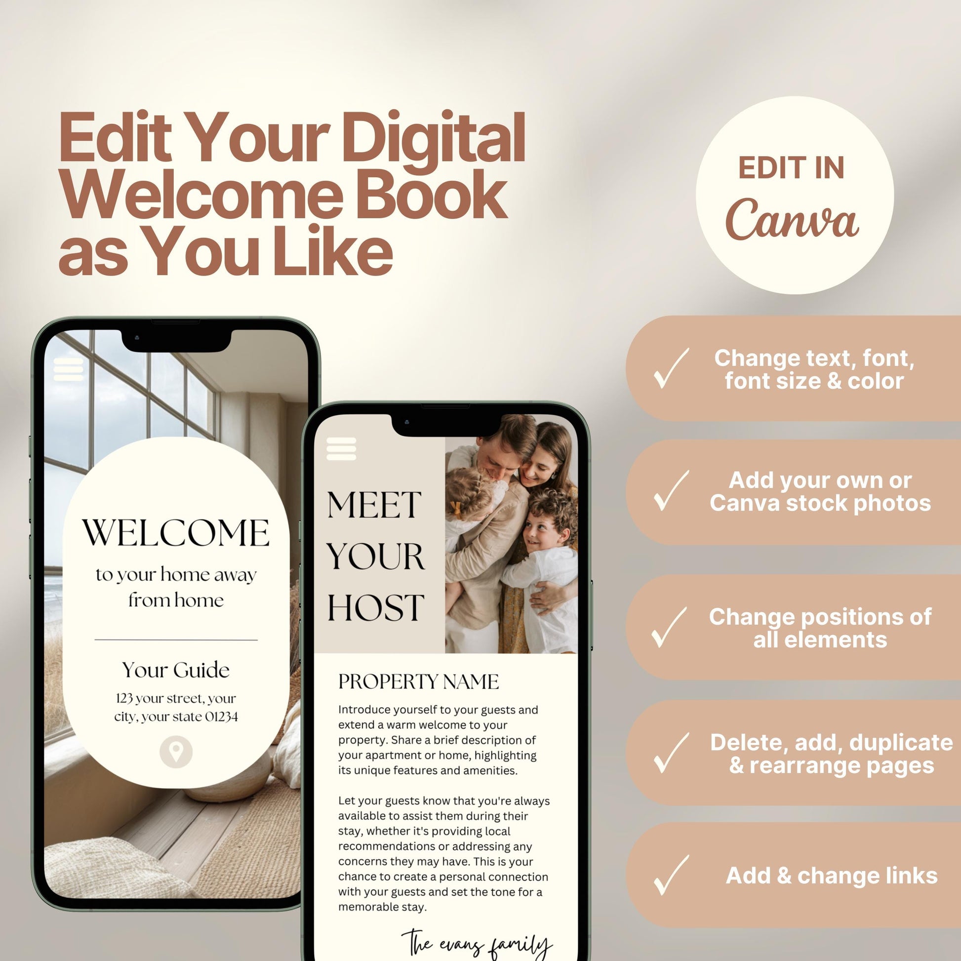 Editable Airbnb host welcome guide template, featuring welcome messages, house description, and host introduction. Includes checklist of customizable elements such as text, photos, layout, and links, all editable in Canva.