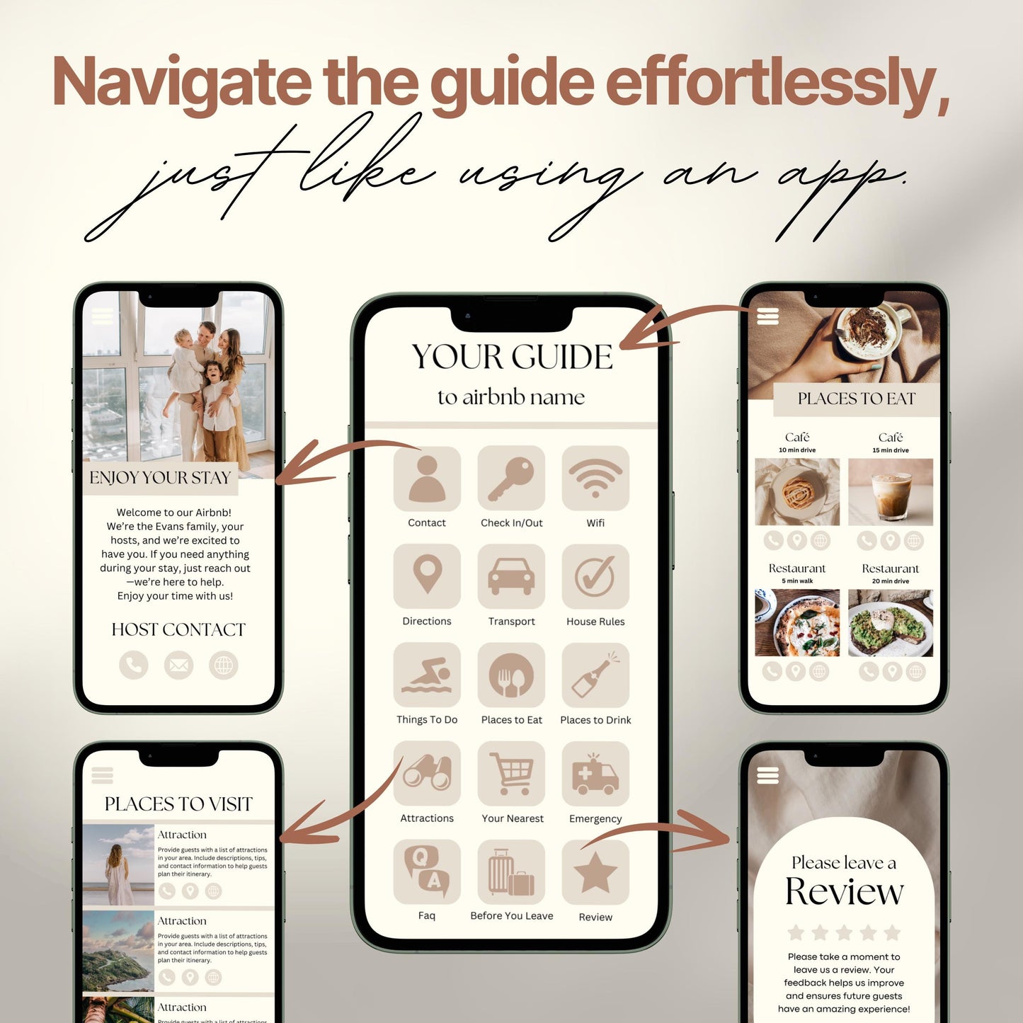 Promotional graphic showing a digital Airbnb welcome guide designed to mimic a mobile app. 