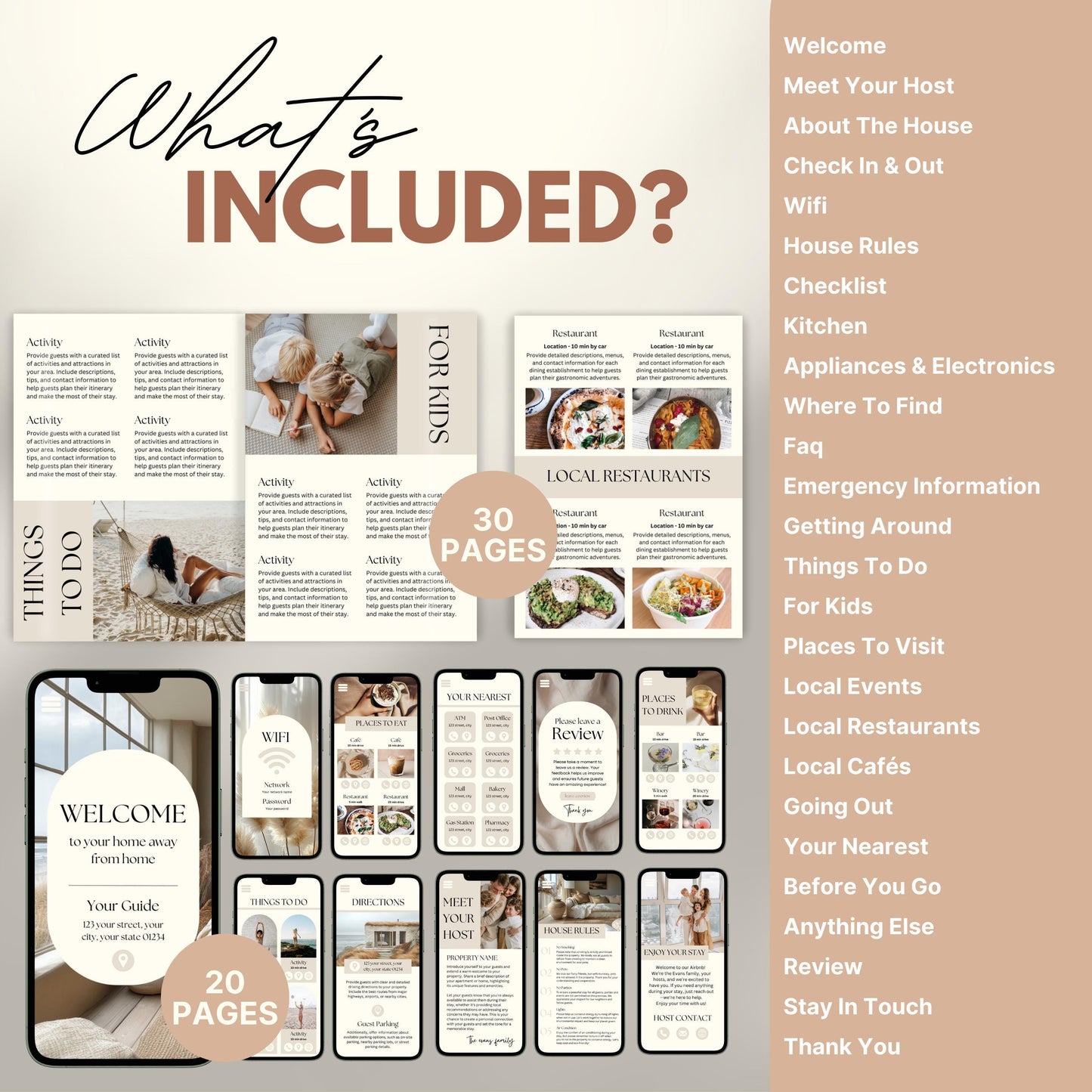 A promotional layout for a Airbnb Welcome Book template. The image displays various page samples including sections like “Review,” “Things To Do." 
