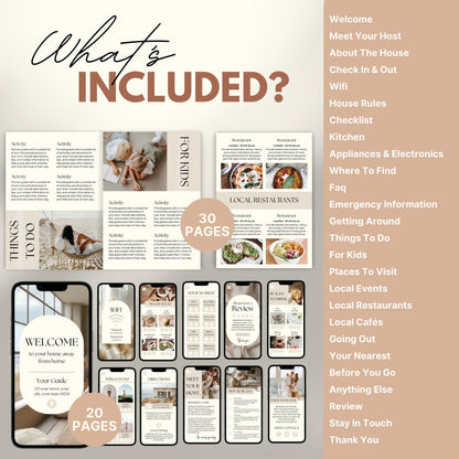 A promotional layout for a Airbnb Welcome Book template. The image displays various page samples including sections like “Review,” “Things To Do." 