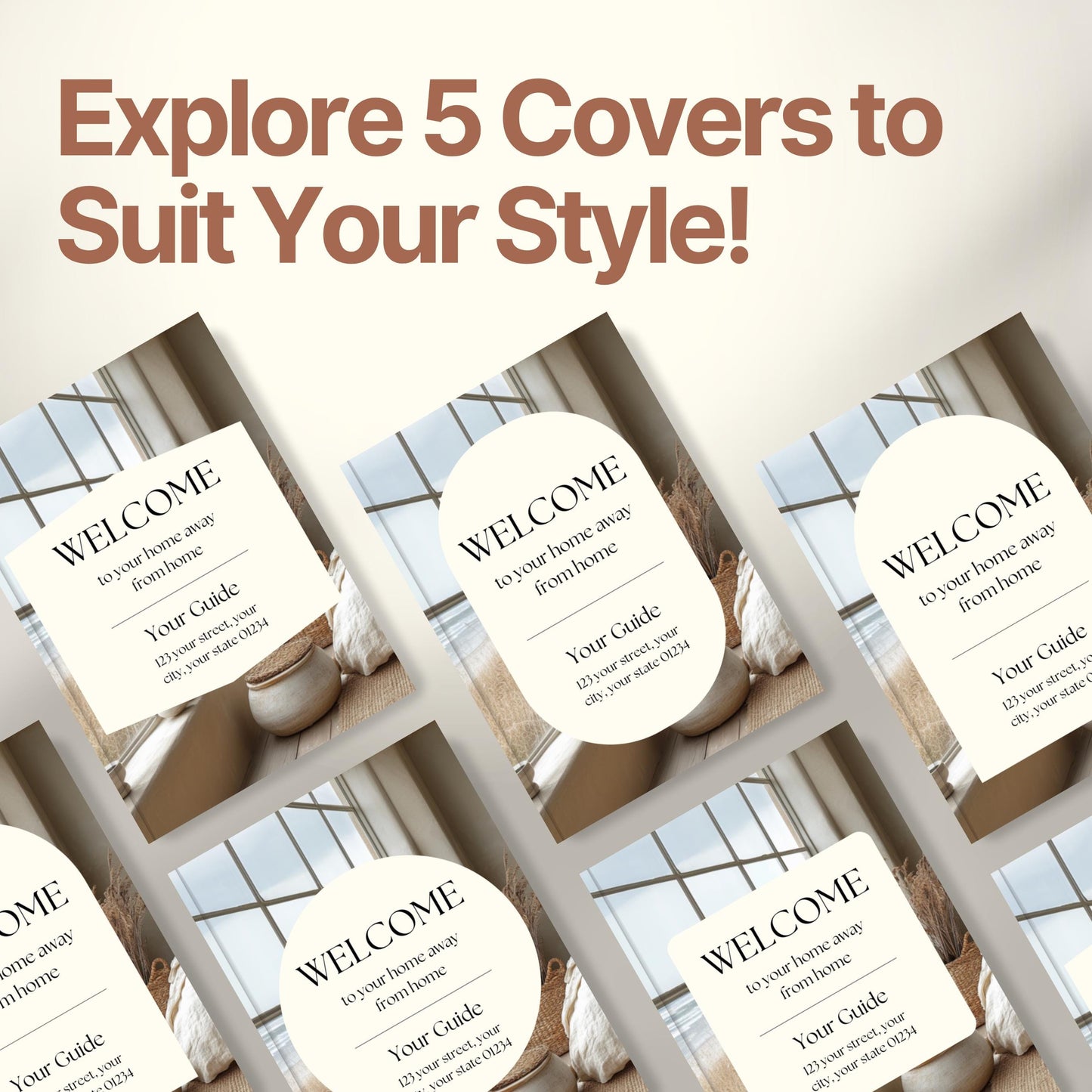 Graphic promoting customizable Airbnb Welcome Book covers with the headline “Explore 5 Covers to Suit Your Style!”