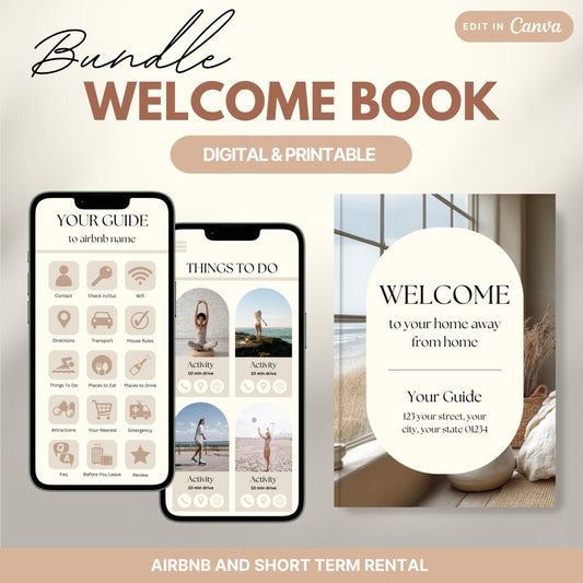 Promotional image for an "Airbnb Welcome Book" editable in Canva. A phone and print view are shown for flexibility. The text highlights that the templates are available in US Letter and A4 sizes and include a bonus welcome sign. Ideal for Airbnb and short-term rental hosts.