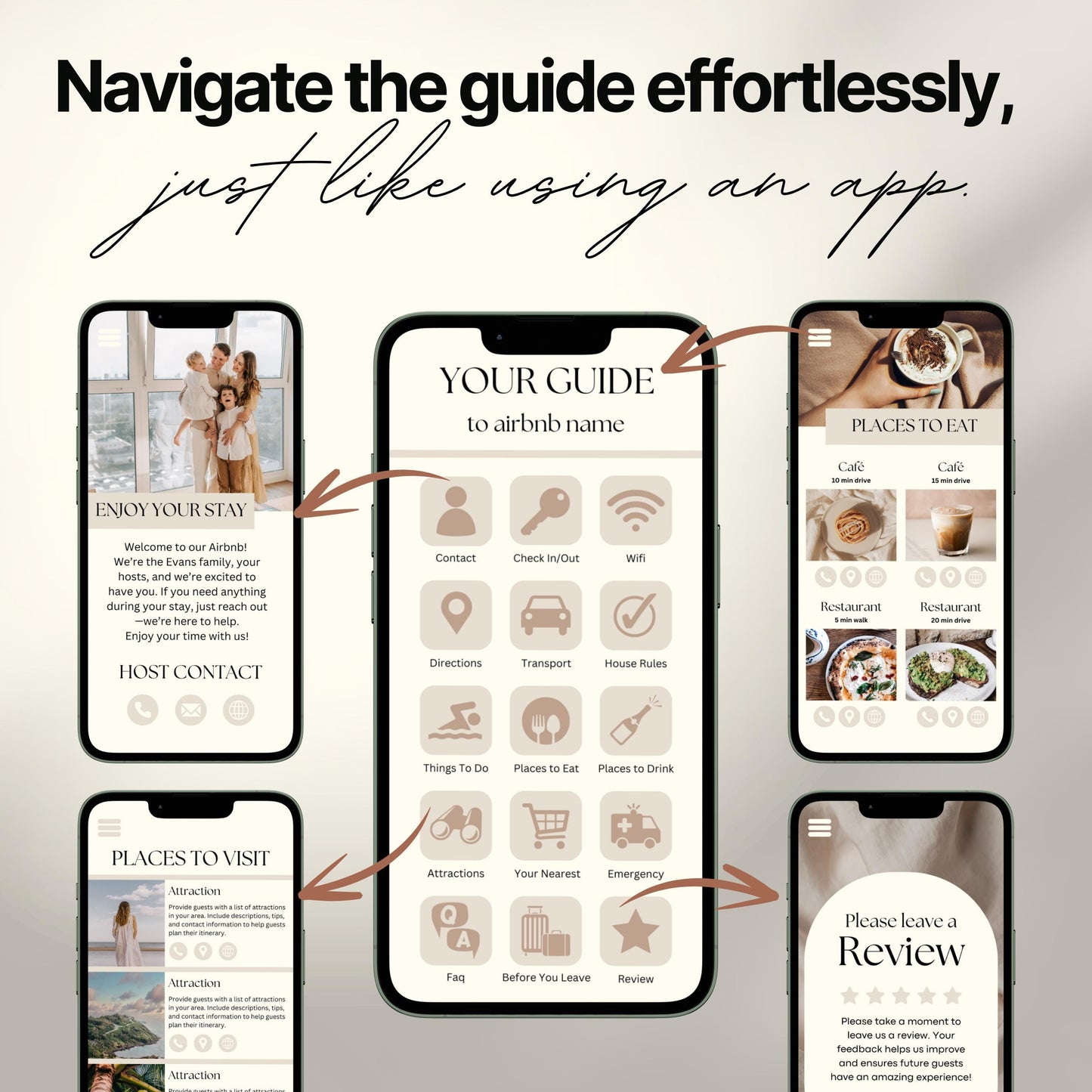 Promotional graphic showing a digital Airbnb welcome guide designed to mimic a mobile app. 