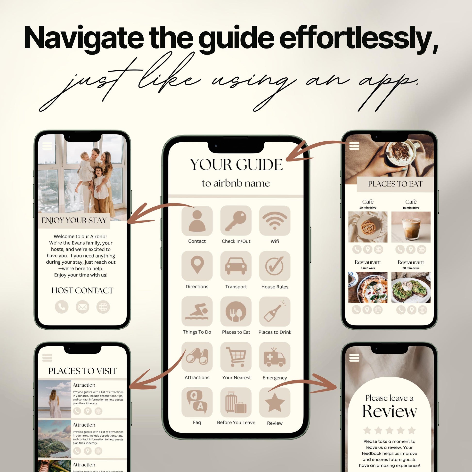 Promotional graphic showing a digital Airbnb welcome guide designed to mimic a mobile app. 