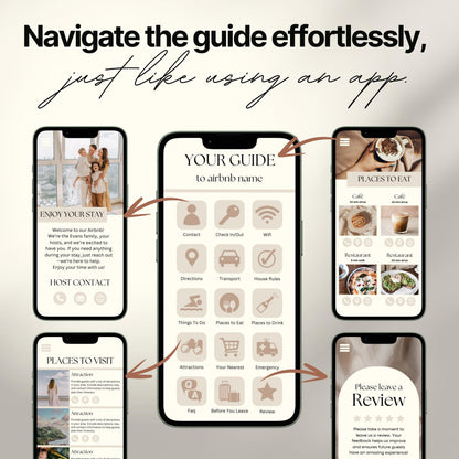 Promotional graphic showing a digital Airbnb welcome guide designed to mimic a mobile app. 