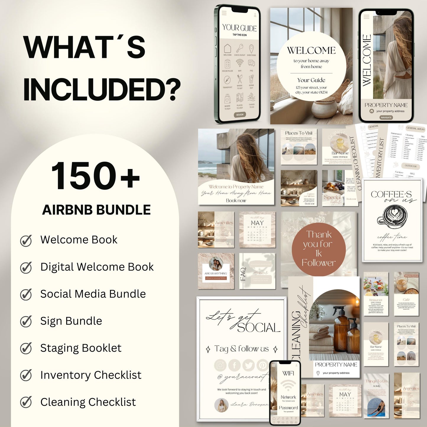 Overview image of a 150+ piece Airbnb Host Bundle in a soft theme, showcasing digital and printed welcome books, social media templates, property signs, checklists, and guest guides designed for Airbnb hosts to enhance guest experience and streamline hosting.