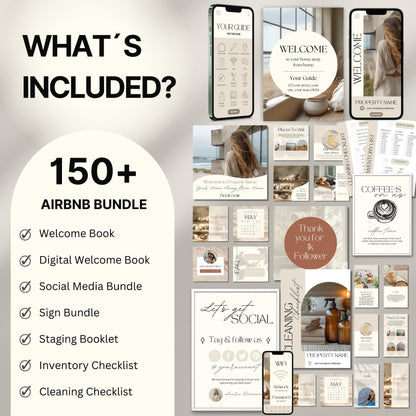 Overview image of a 150+ piece Airbnb Host Bundle in a soft theme, showcasing digital and printed welcome books, social media templates, property signs, checklists, and guest guides designed for Airbnb hosts to enhance guest experience and streamline hosting.