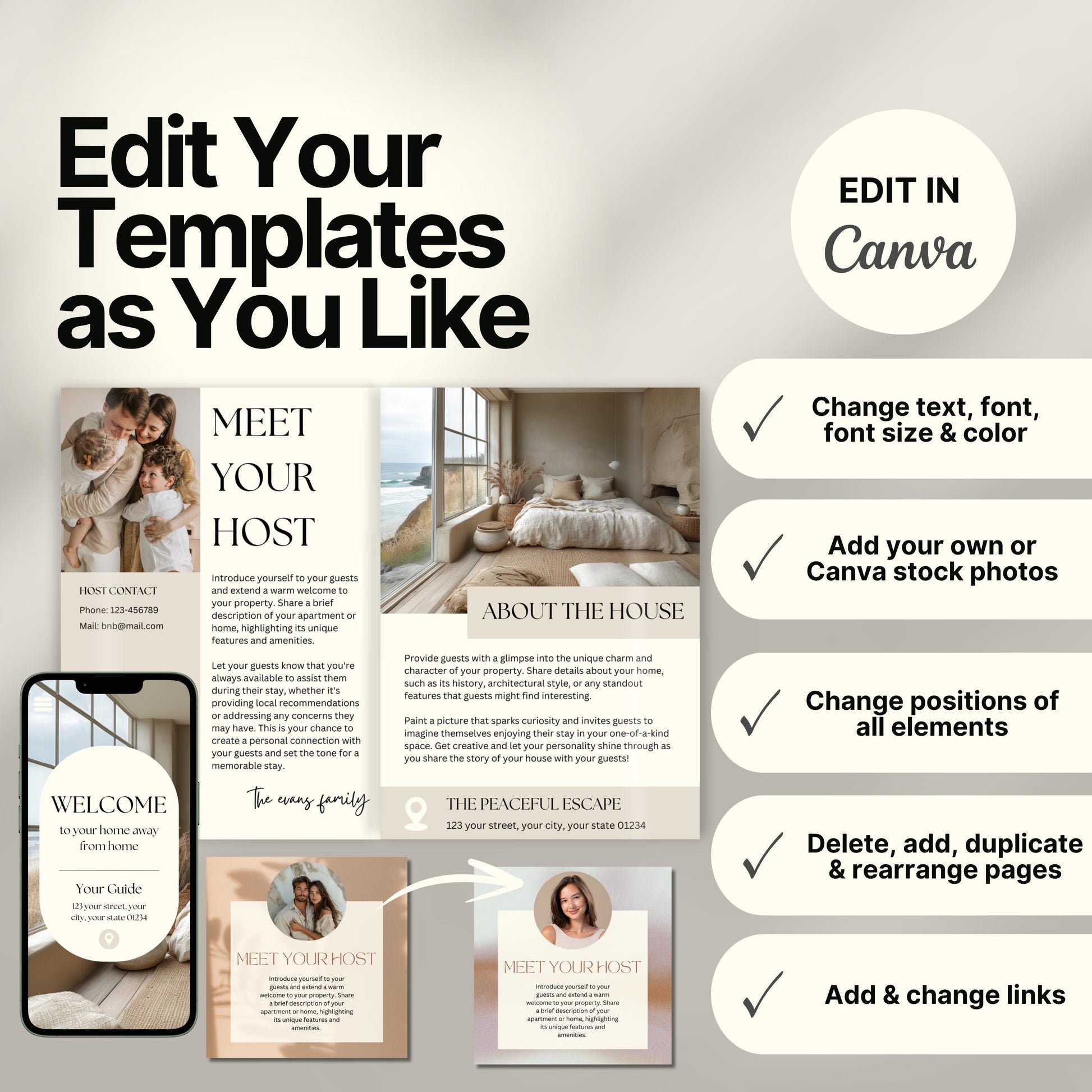 Editable Airbnb host welcome guide template, featuring welcome messages, house description, and host introduction. Includes checklist of customizable elements such as text, photos, layout, and links, all editable in Canva.