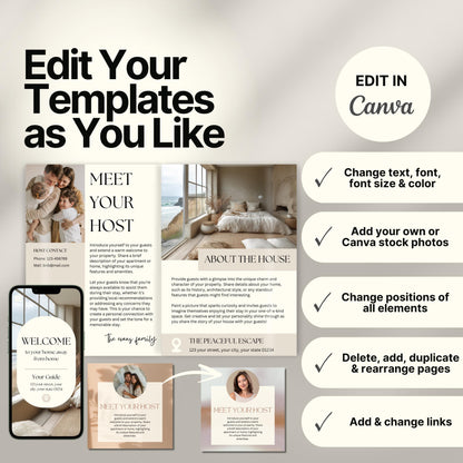Editable Airbnb host welcome guide template, featuring welcome messages, house description, and host introduction. Includes checklist of customizable elements such as text, photos, layout, and links, all editable in Canva.