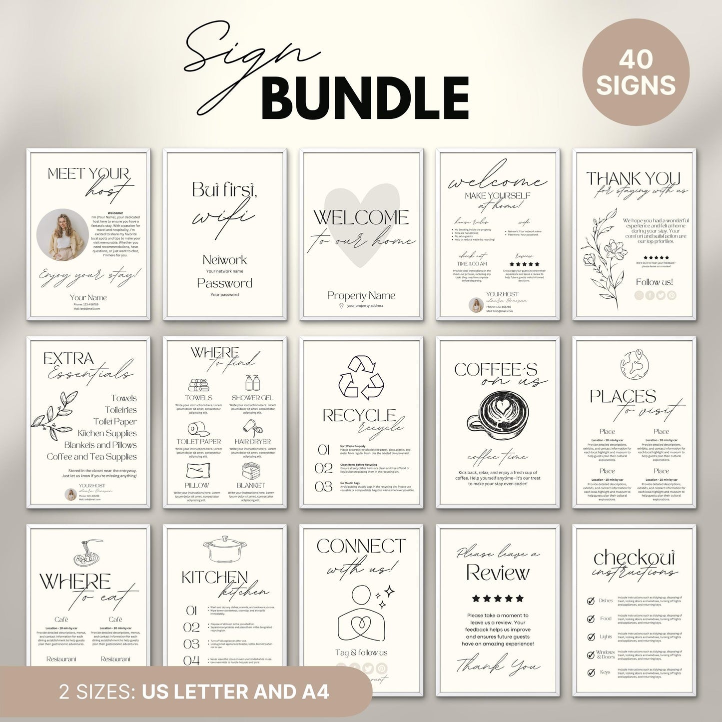Overview of a airbnb host bundle showing airbnb signs in us letter and a4.