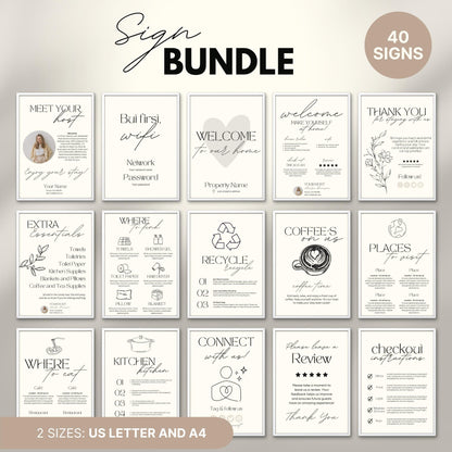 Overview of a airbnb host bundle showing airbnb signs in us letter and a4.