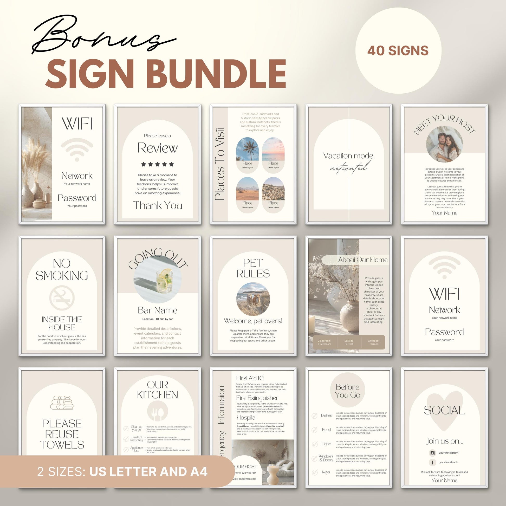 Preview of a “Bonus Sign Bundle” featuring 40 printable signs designed for Airbnb or vacation rental hosts.
