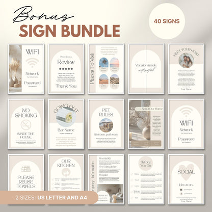 Preview of a “Bonus Sign Bundle” featuring 40 printable signs designed for Airbnb or vacation rental hosts.