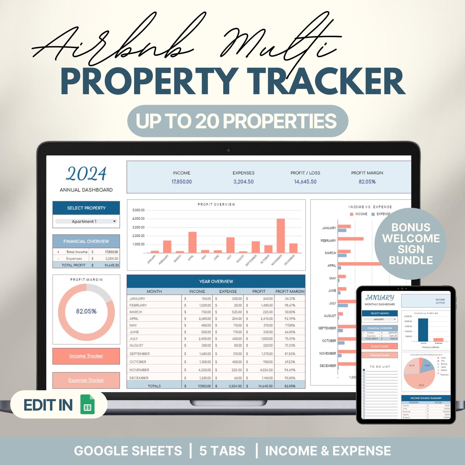 Airbnb Multi Property Tracker dashboard template displayed on a laptop and tablet, designed for up to 20 properties. Features include financial overview, income and expense charts, profit margin, and a monthly/yearly breakdown. Promotes editing in Google Sheets with 5 tabs and includes a bonus welcome sign bundle.