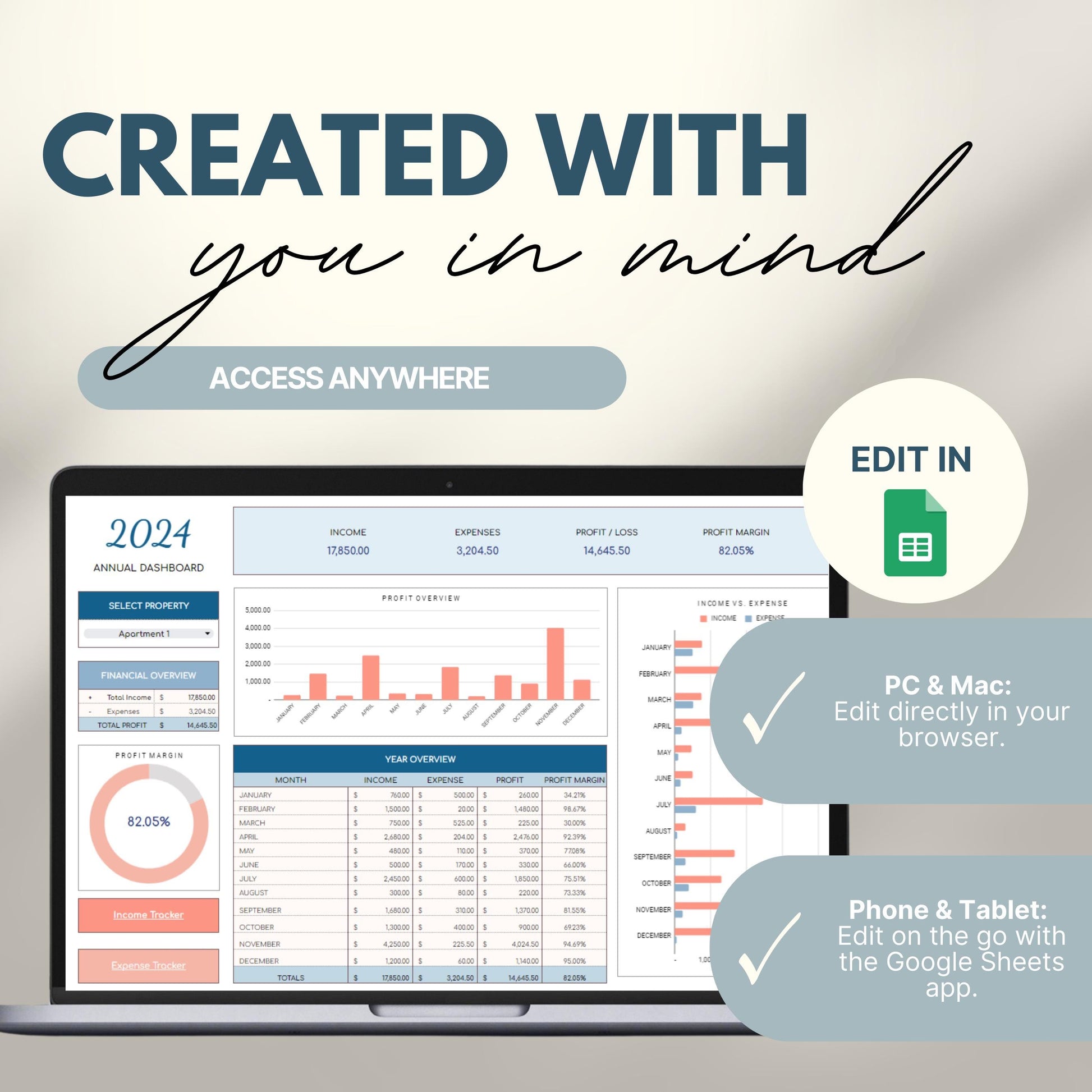 Promotional graphic for an Airbnb Multi-Property Tracker in Google Sheets. 