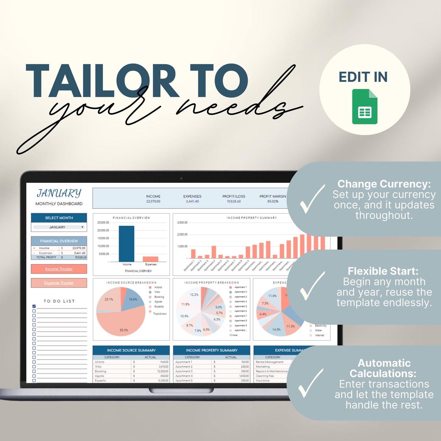 Screenshot of a laptop displaying a customizable monthly dashboard from an Airbnb property tracker template in Google Sheets. Features shown include charts for financial overviews, income property summaries, pie charts, and tables.