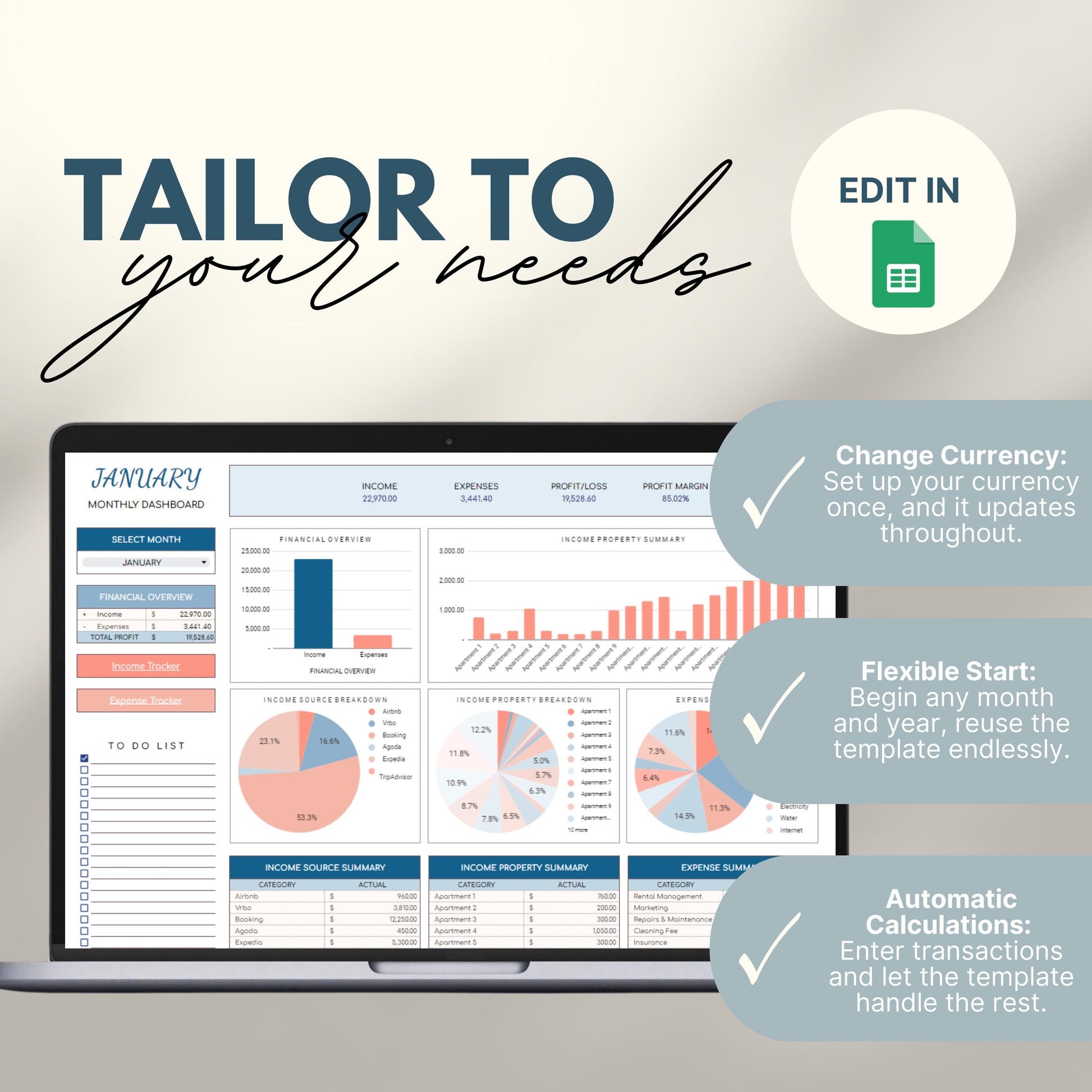 Screenshot of a laptop displaying a customizable monthly dashboard from an Airbnb property tracker template in Google Sheets. Features shown include charts for financial overviews, income property summaries, pie charts, and tables.