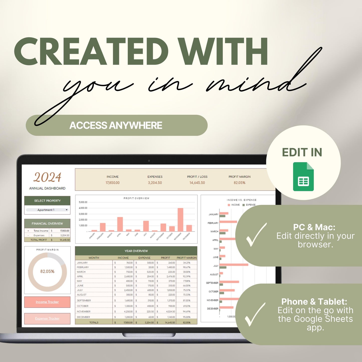 Promotional graphic for an Airbnb Multi-Property Tracker in Google Sheets. 