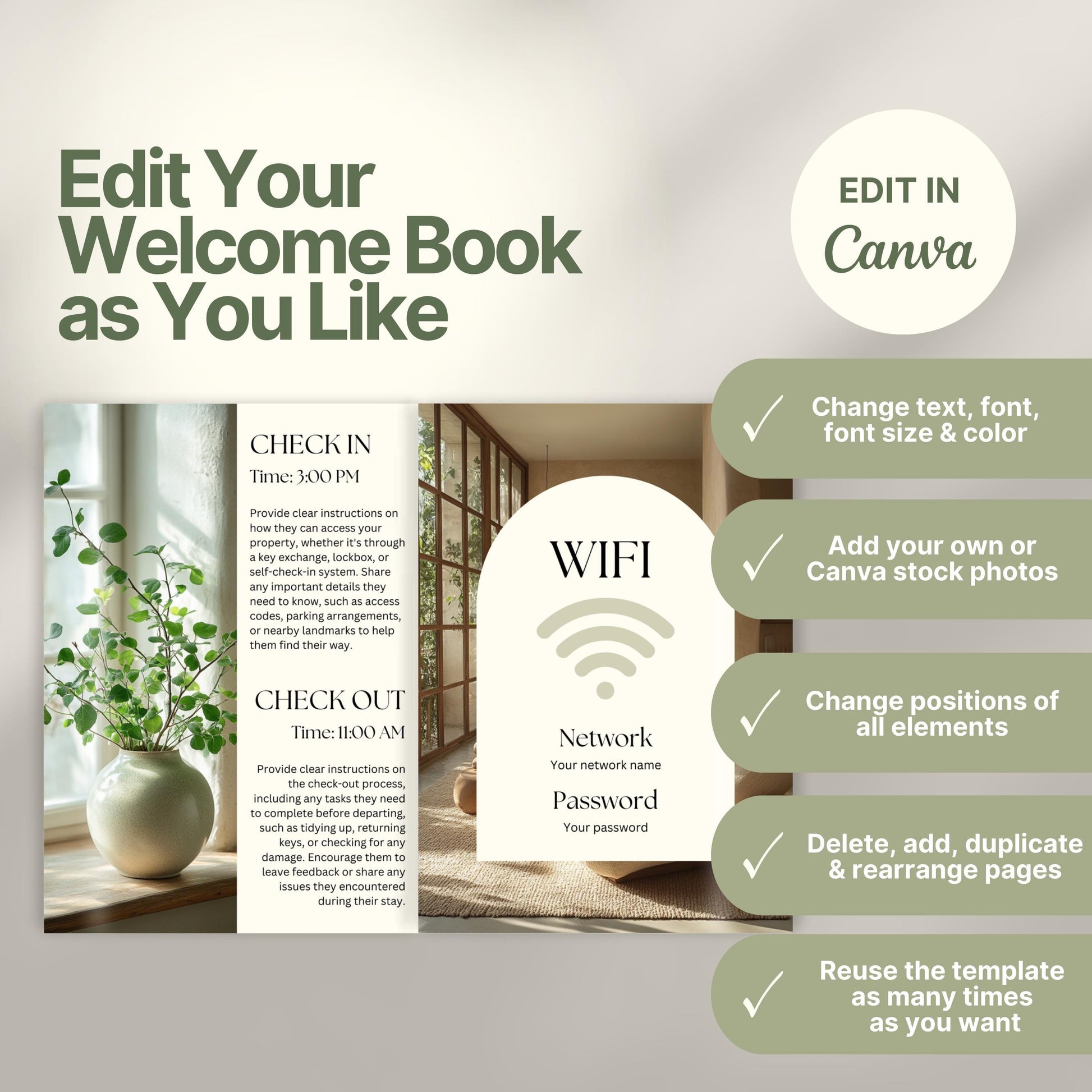 Editable Airbnb host welcome guide template, featuring welcome messages, house description, and host introduction. Includes checklist of customizable elements such as text, photos, layout, and links, all editable in Canva.