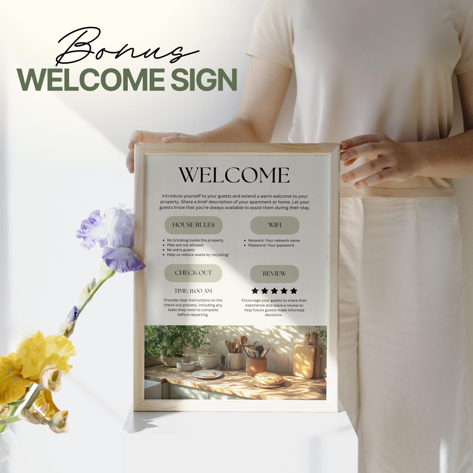 A person in a light-colored outfit holds a framed Airbnb-style welcome sign labeled “WELCOME” at the top. The sign includes sections for house rules, WiFi information, check-out time, and guest reviews. 