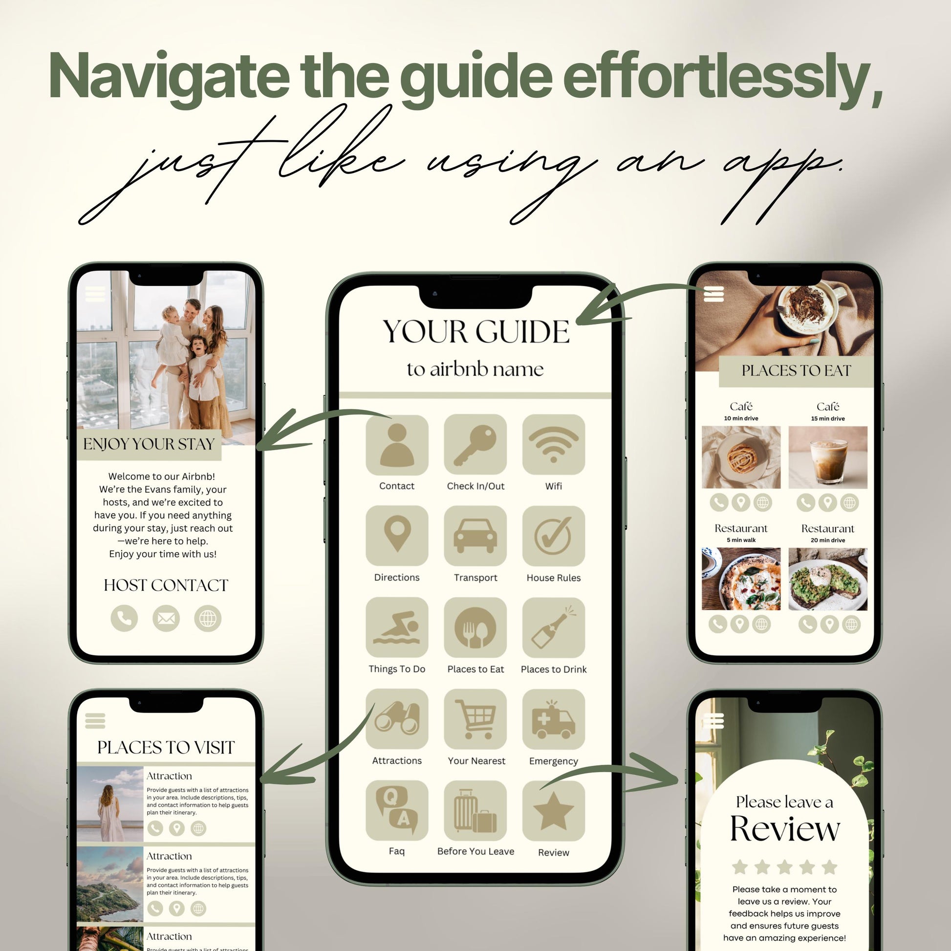 Promotional graphic showing a digital Airbnb welcome guide designed to mimic a mobile app. 