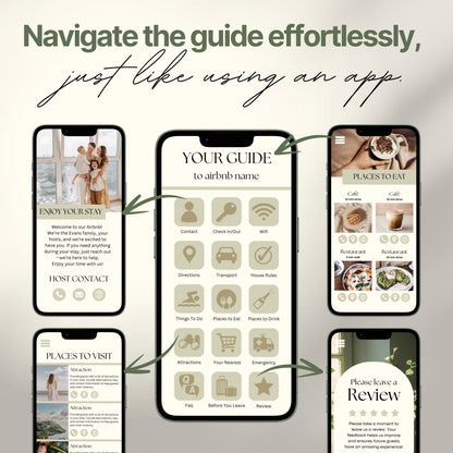 Promotional graphic showing a digital Airbnb welcome guide designed to mimic a mobile app. 