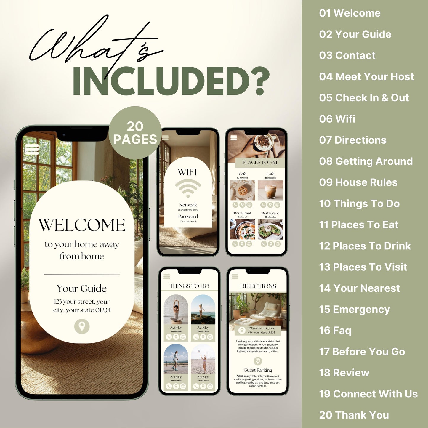 Digital welcome book preview displayed on four smartphone screens, showcasing a mobile-friendly Airbnb or short-term rental guide. The interface features beautifully designed sections such as “Welcome,” “WiFi Info,” “Places to Visit,” and “Where to Eat,” with intuitive icons and “Navigate” buttons.