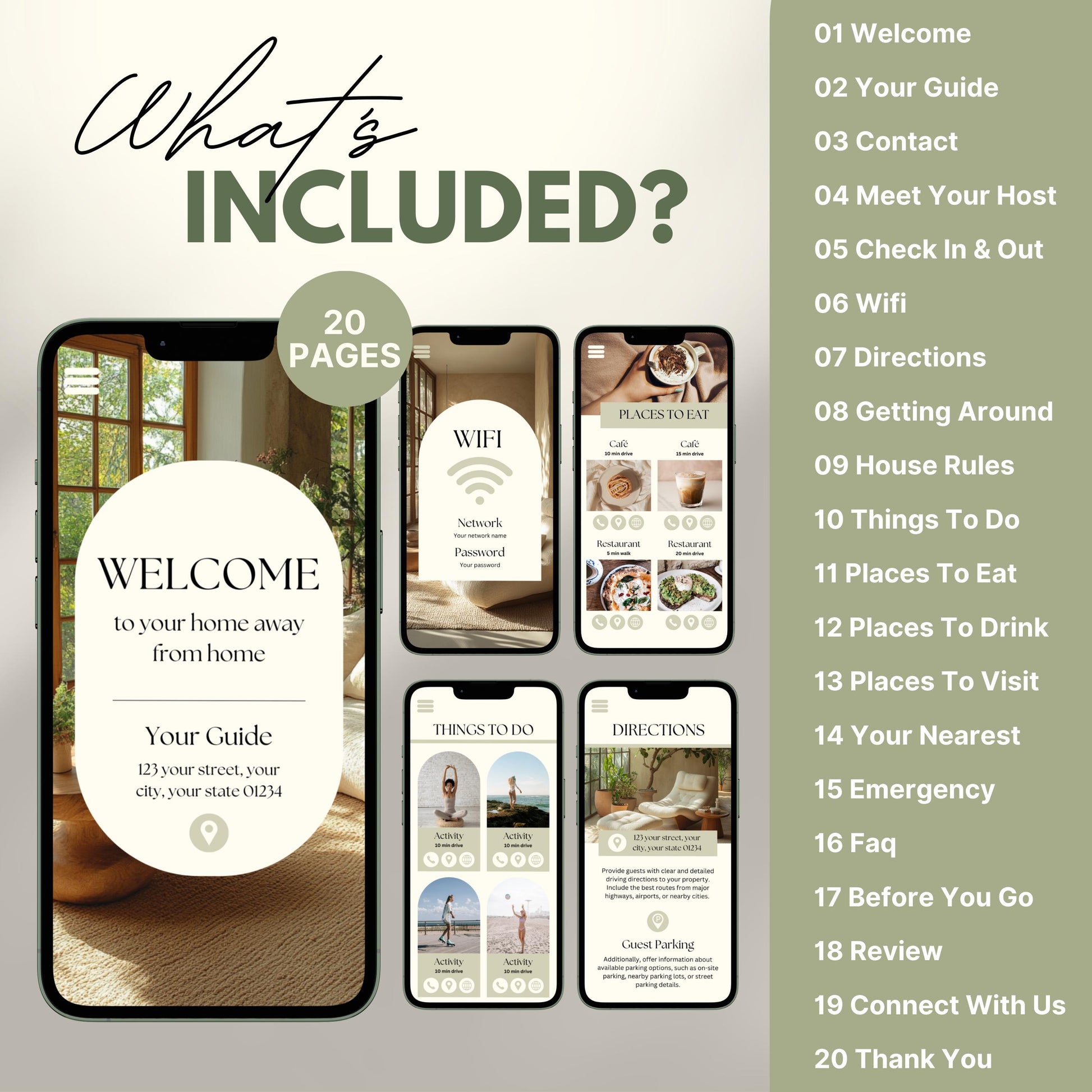 Digital welcome book preview displayed on four smartphone screens, showcasing a mobile-friendly Airbnb or short-term rental guide. The interface features beautifully designed sections such as “Welcome,” “WiFi Info,” “Places to Visit,” and “Where to Eat,” with intuitive icons and “Navigate” buttons.